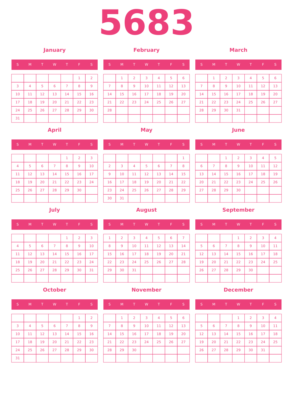 Printable 5683 Year Calendars pink