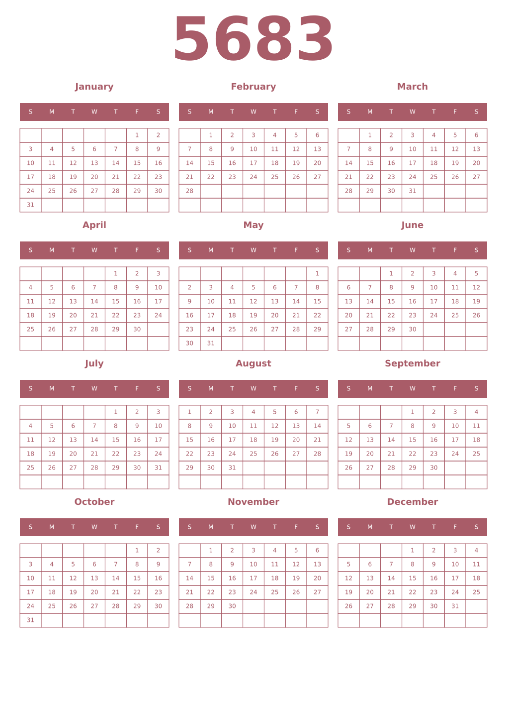 Printable 5683 Year Calendars puce