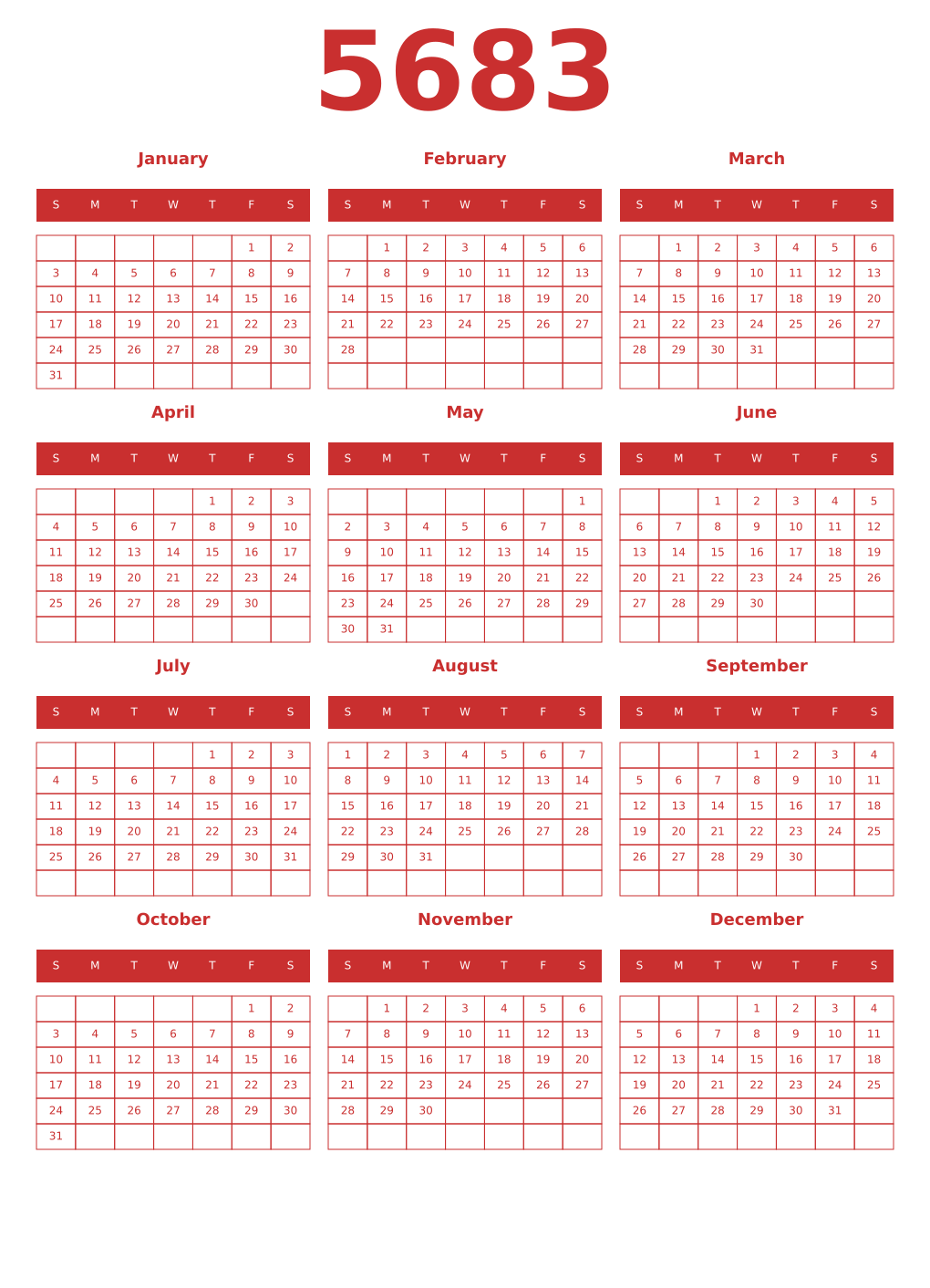 Printable 5683 Year Calendars red
