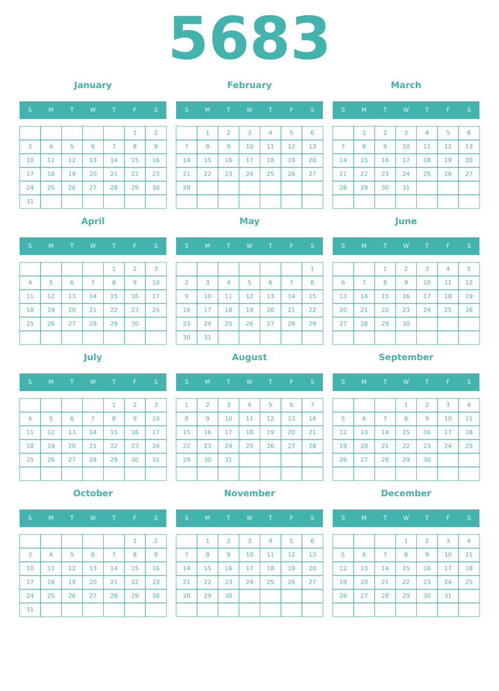 Printable 5683 Year Calendars verdigris