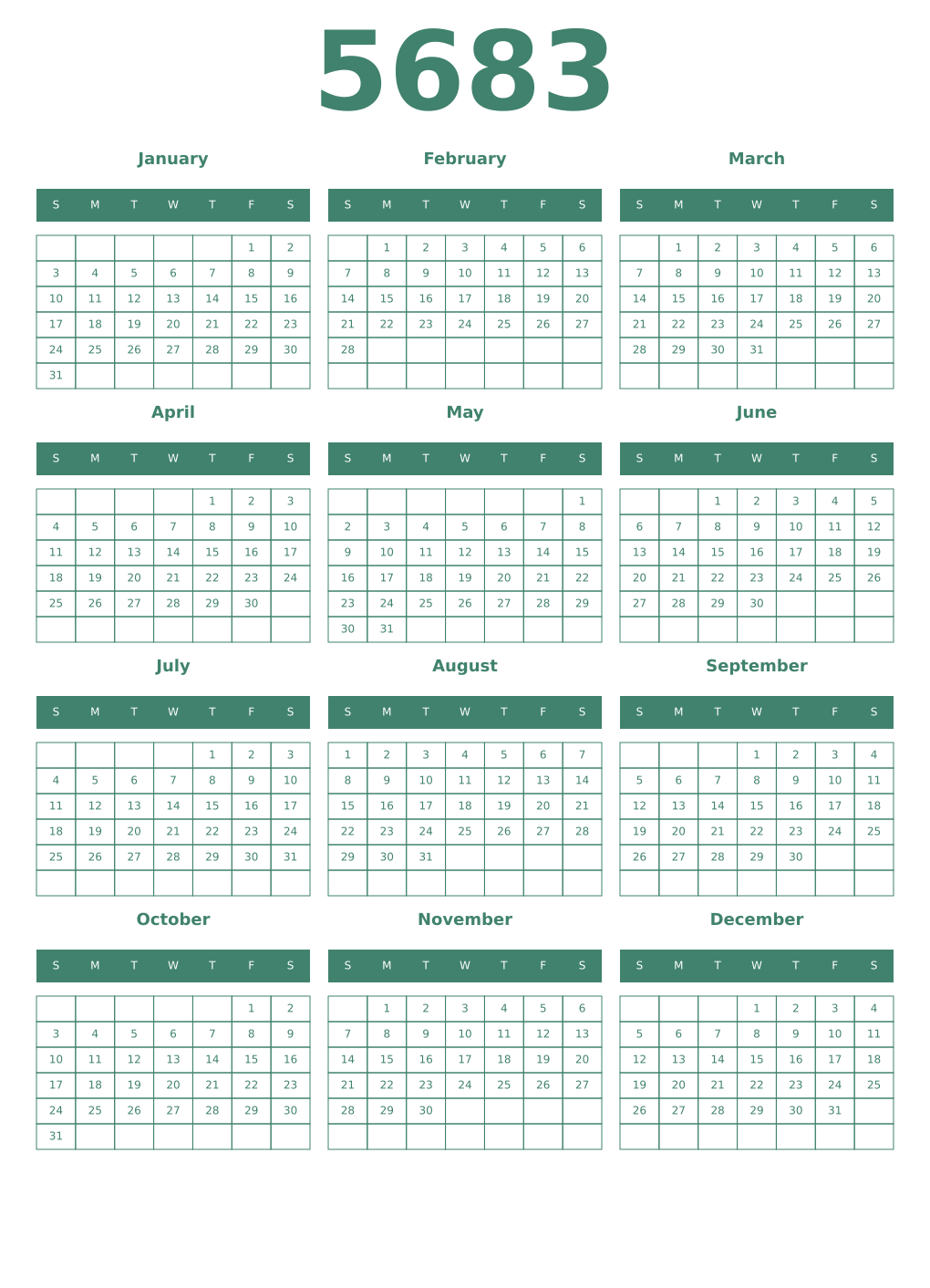 Printable 5683 Year Calendars viridian