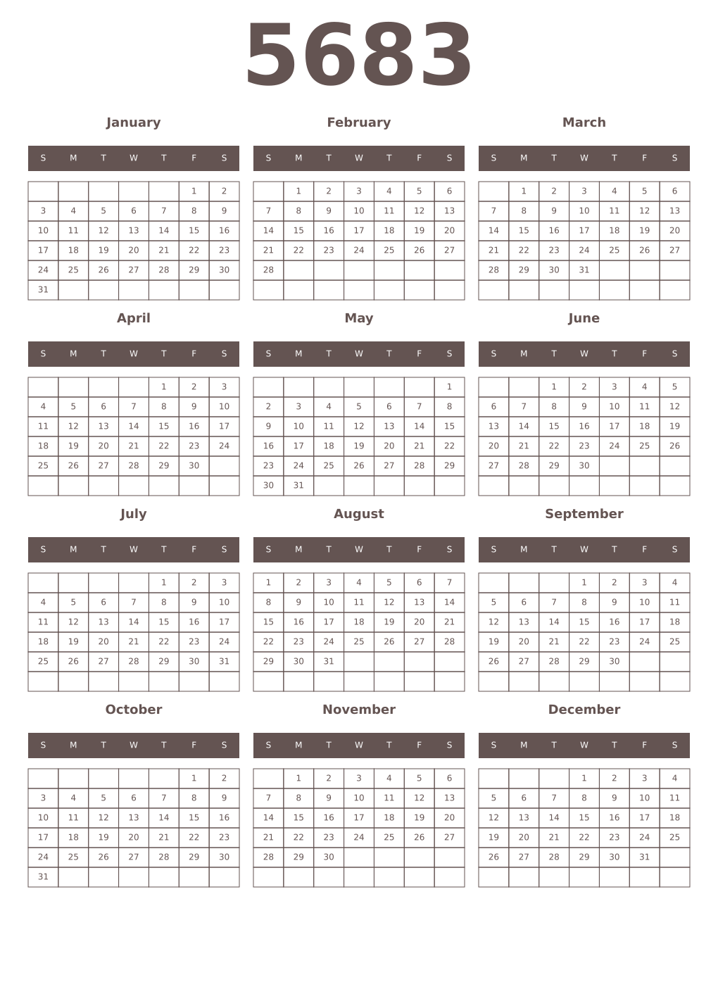 Printable 5683 Year Calendars wenge