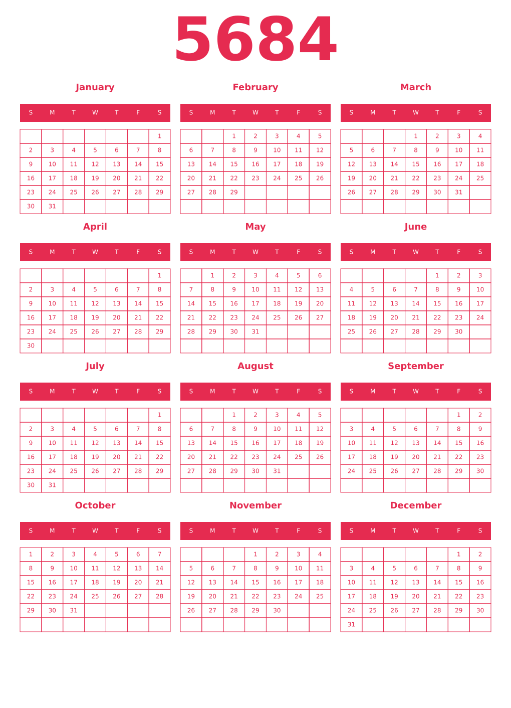 Printable 5684 Year Calendars amaranth