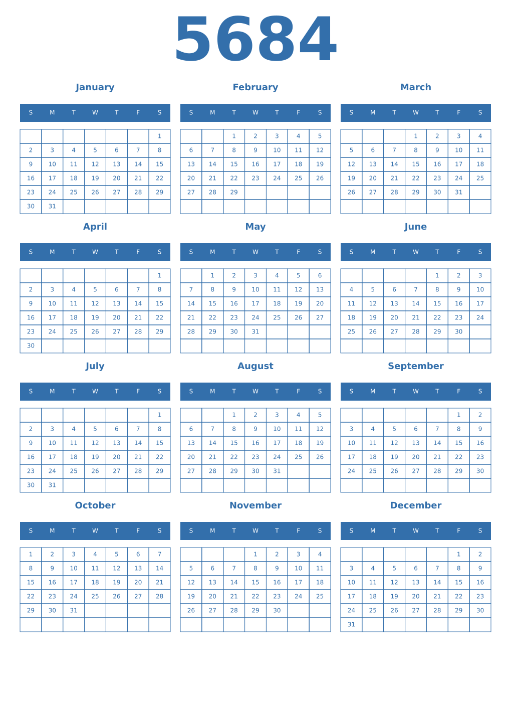 Printable 5684 Year Calendars blue