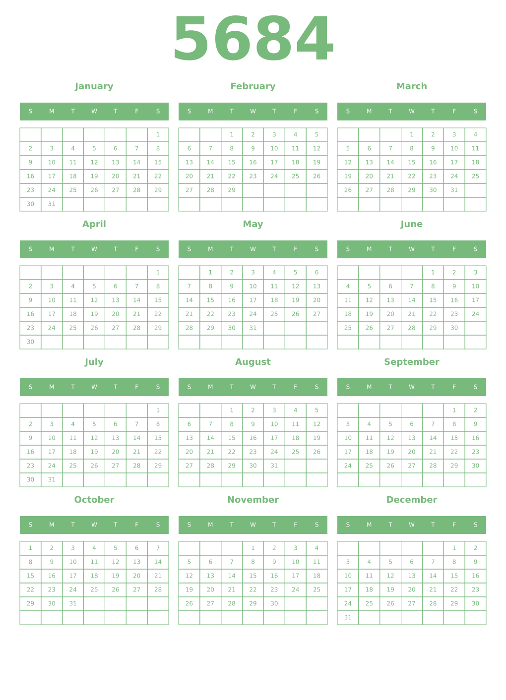 Printable 5684 Year Calendars celadon