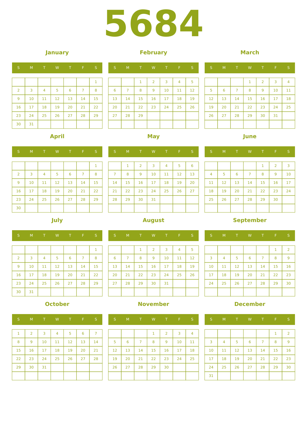 Printable 5684 Year Calendars chartreuse