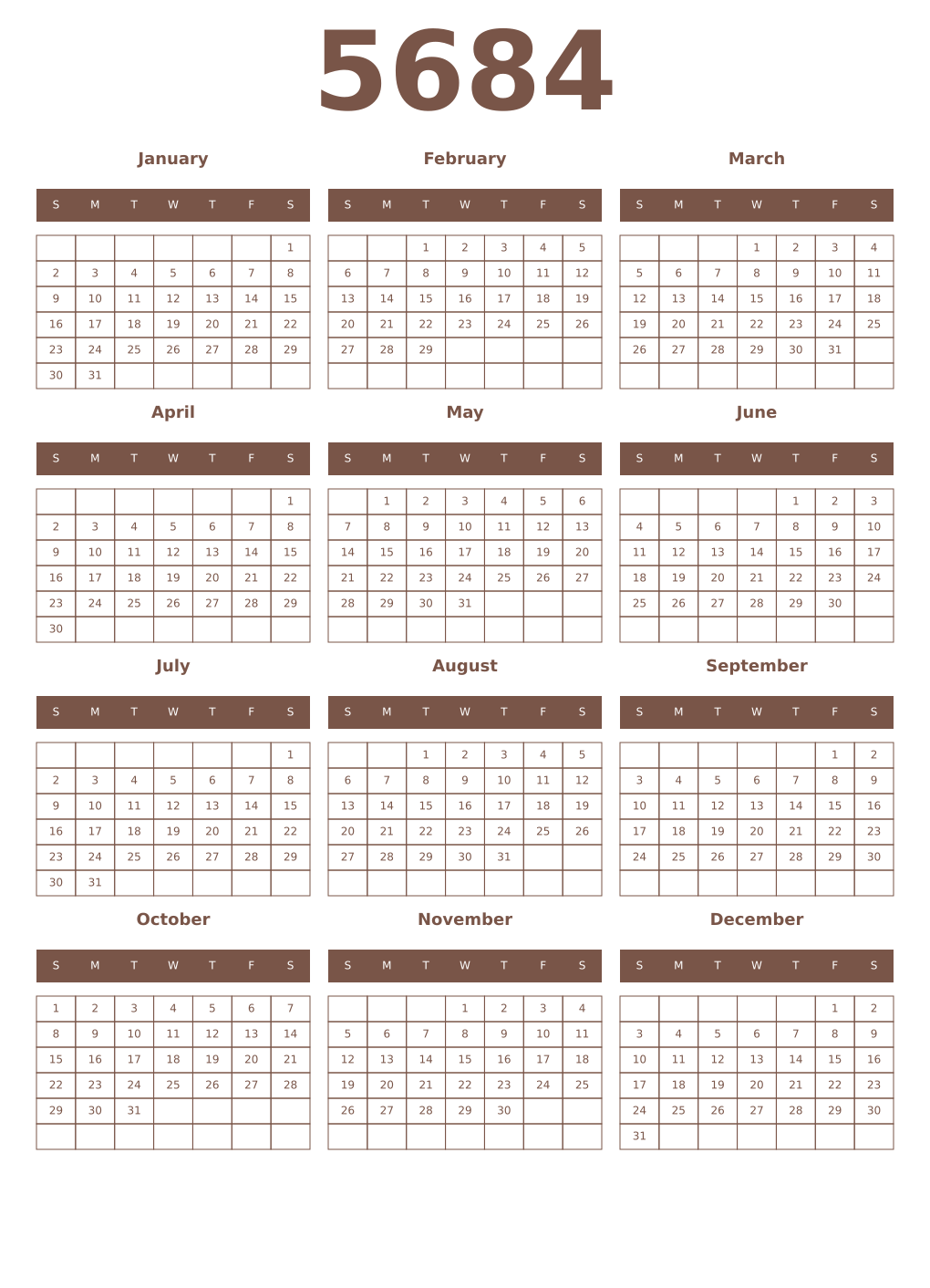 Printable 5684 Year Calendars coffe