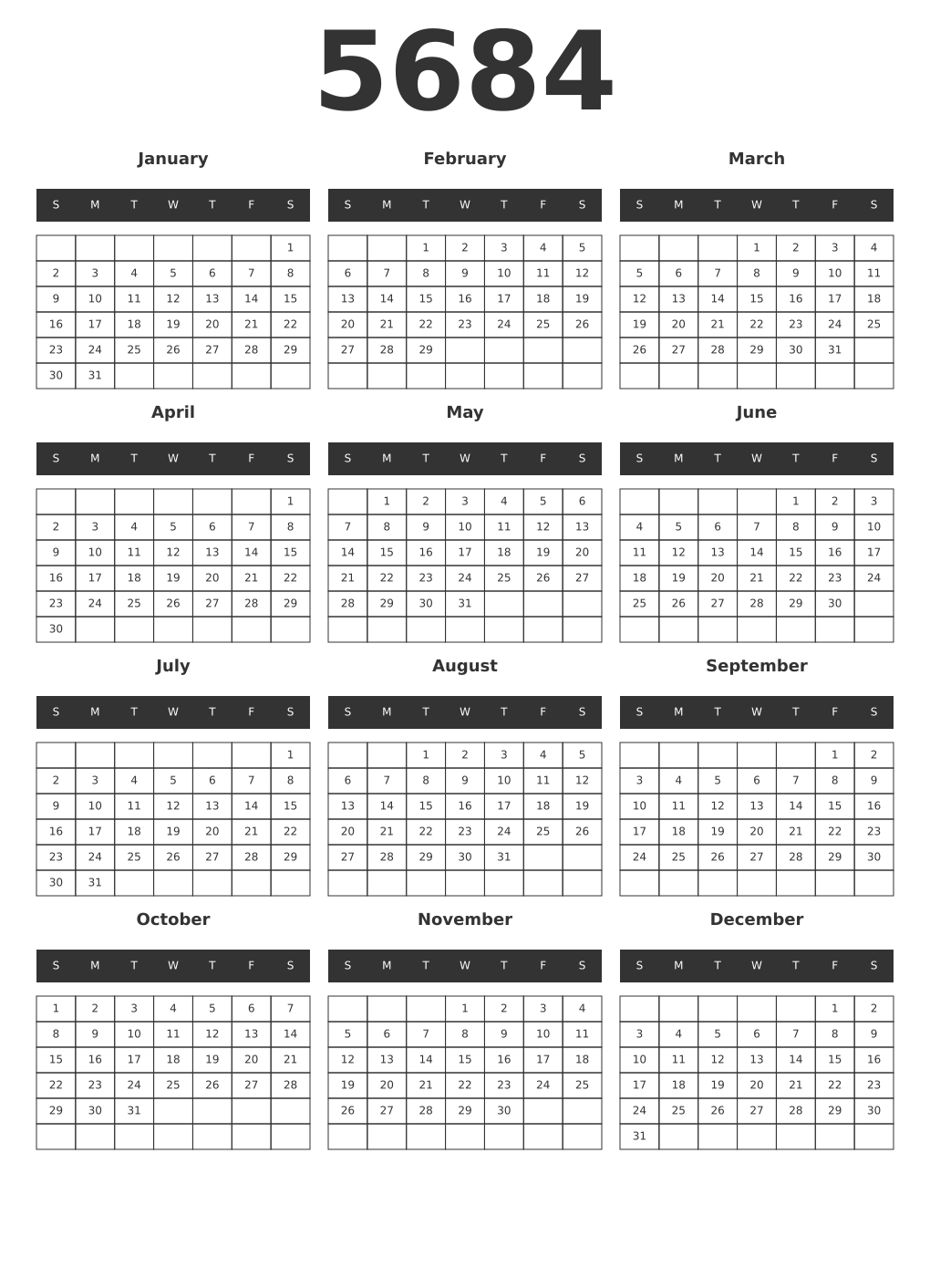 Printable 5684 Year Calendars dark
