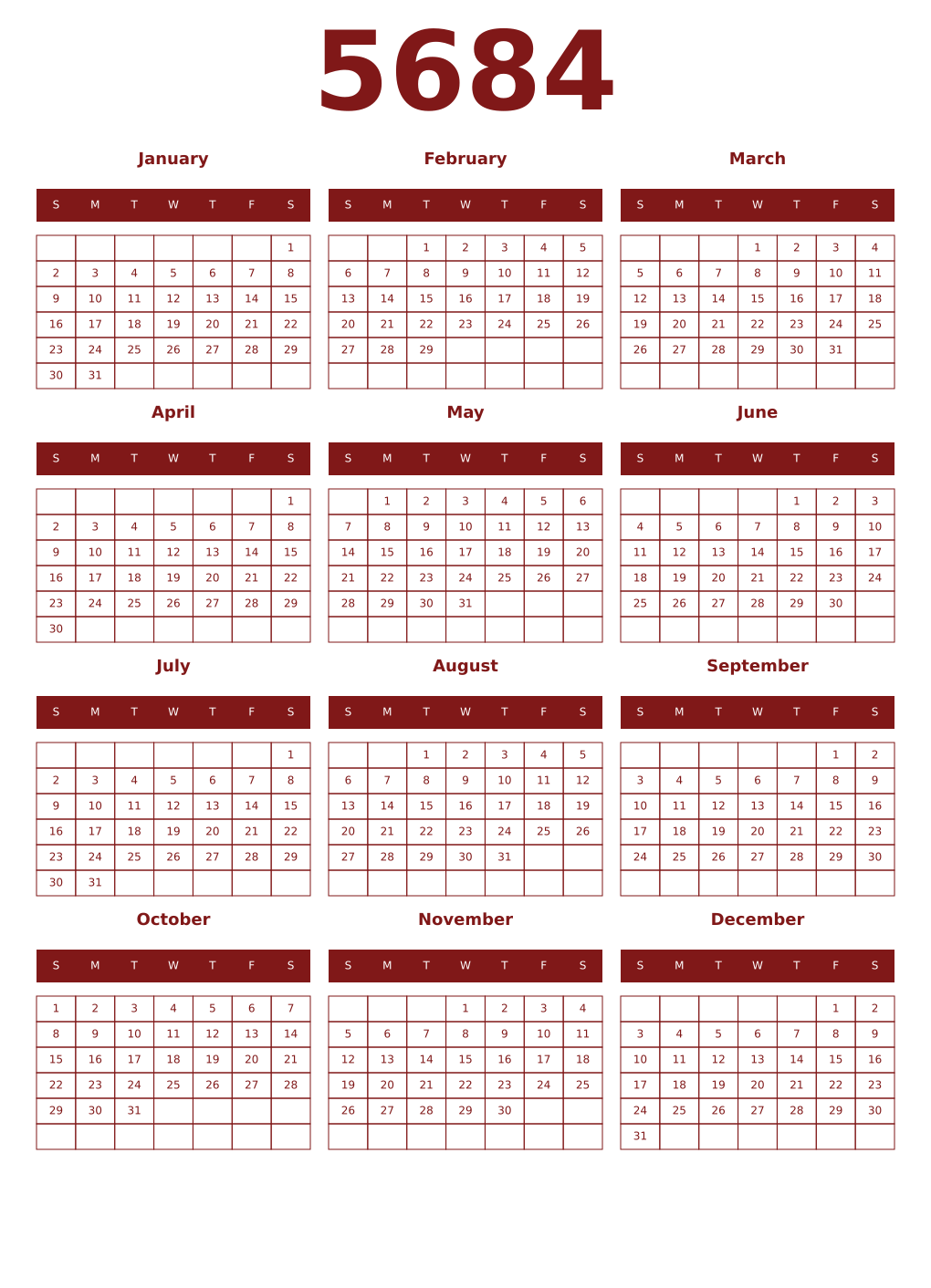 Printable 5684 Year Calendars falu