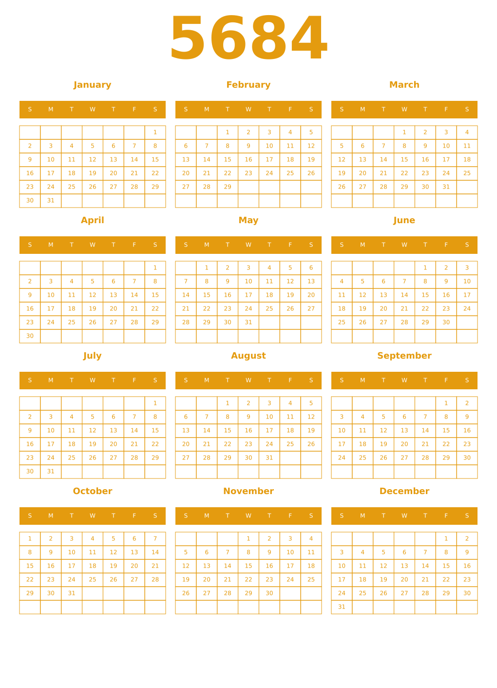 Printable 5684 Year Calendars gamboge