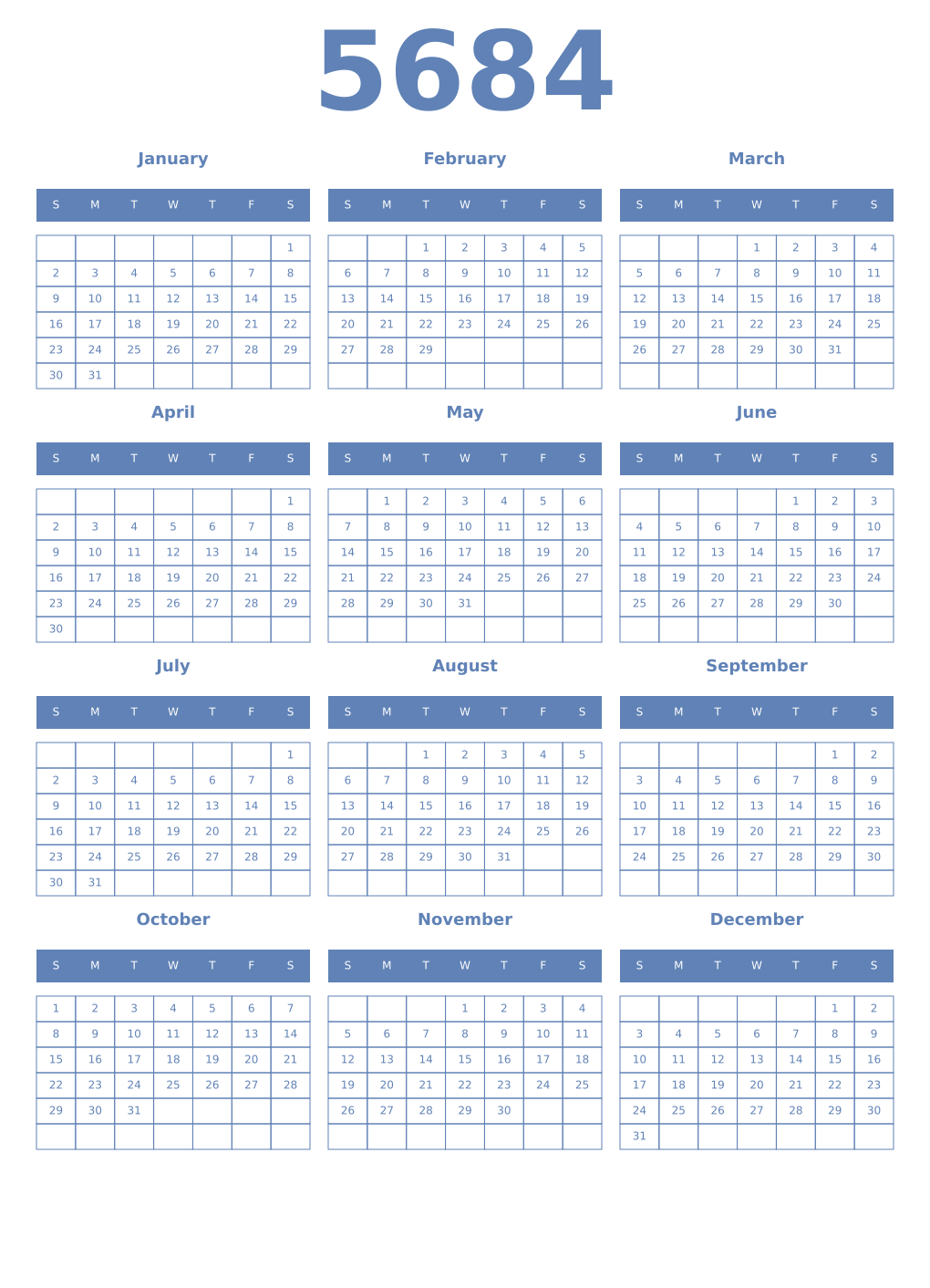 Printable 5684 Year Calendars glaucous