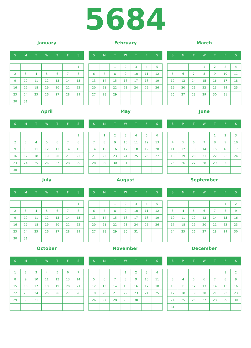 Printable 5684 Year Calendars green