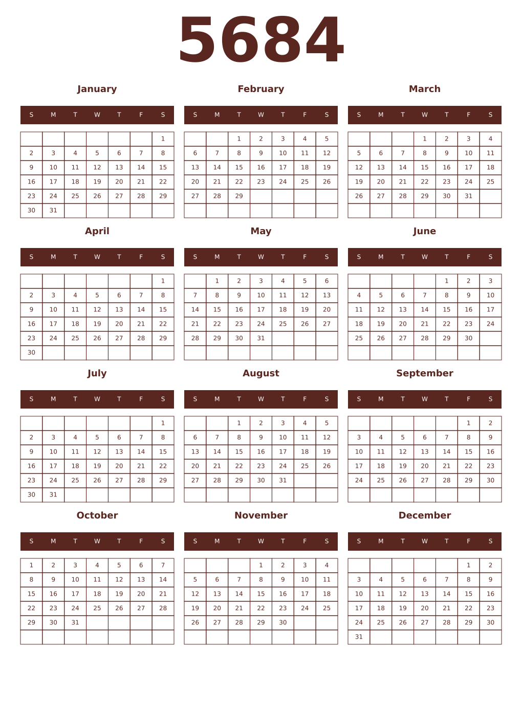 Printable 5684 Year Calendars mortuum