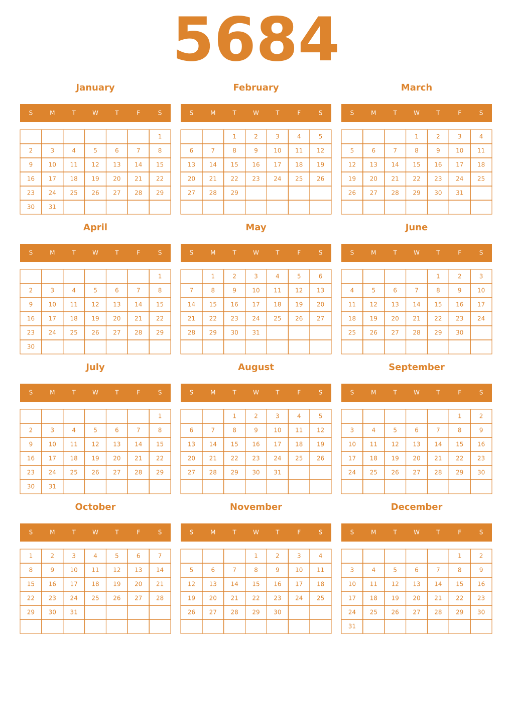 Printable 5684 Year Calendars orange