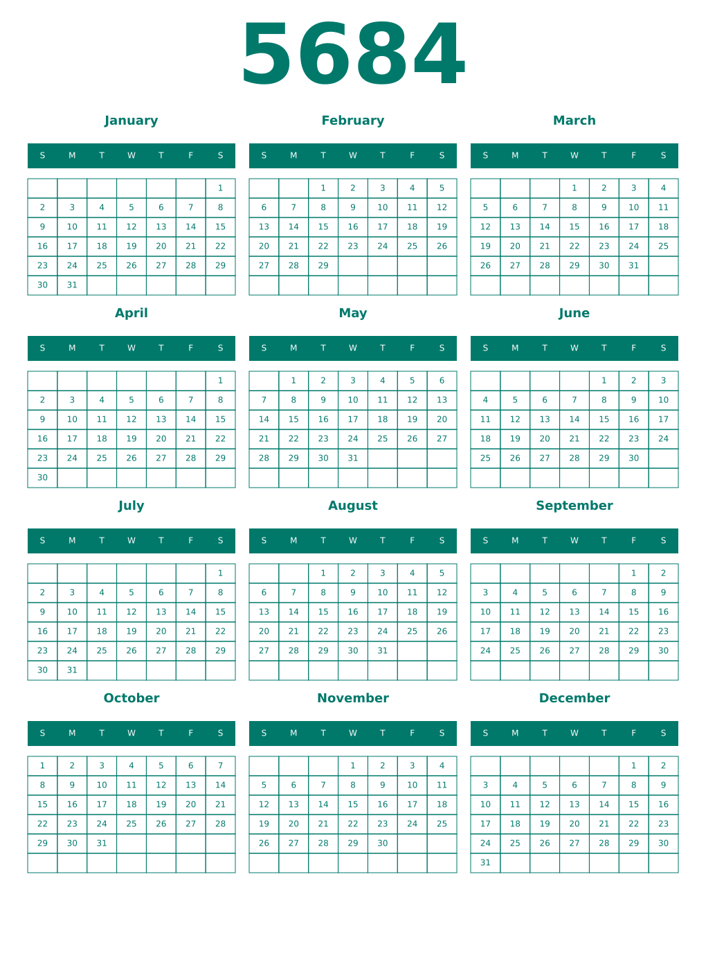 Printable 5684 Year Calendars pastel
