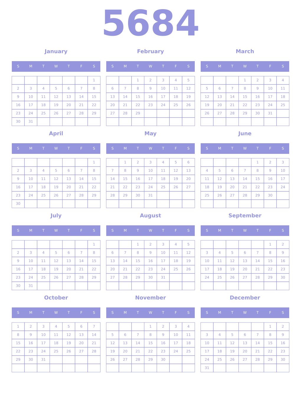 Printable 5684 Year Calendars periwinkle