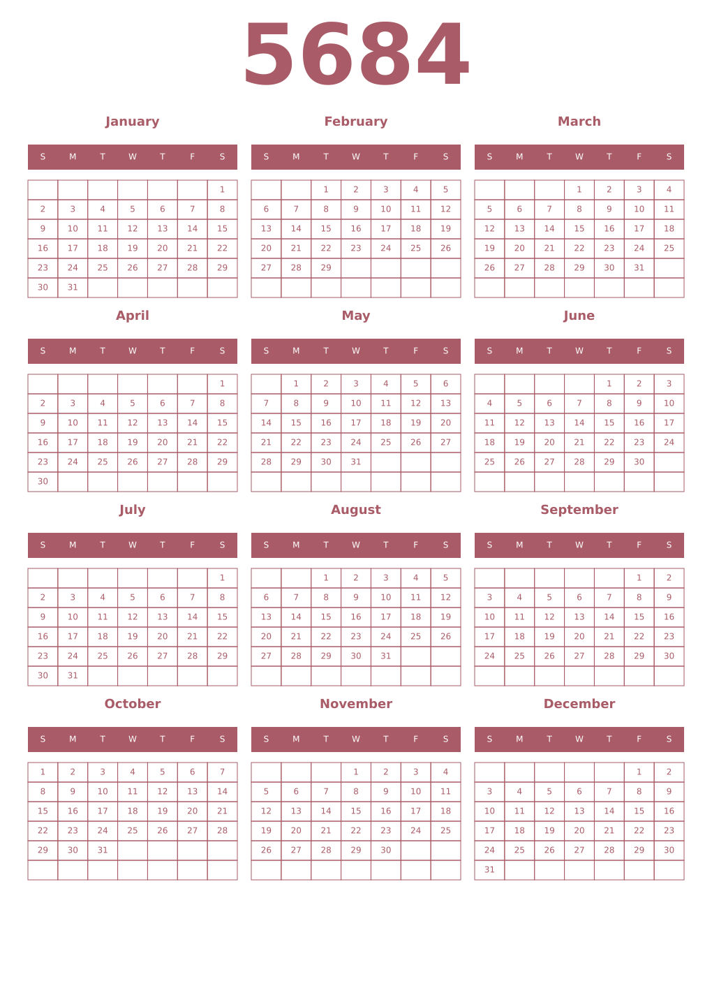 Printable 5684 Year Calendars puce