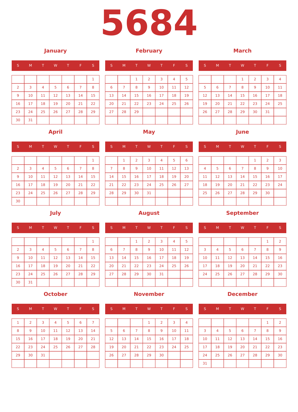Printable 5684 Year Calendars red