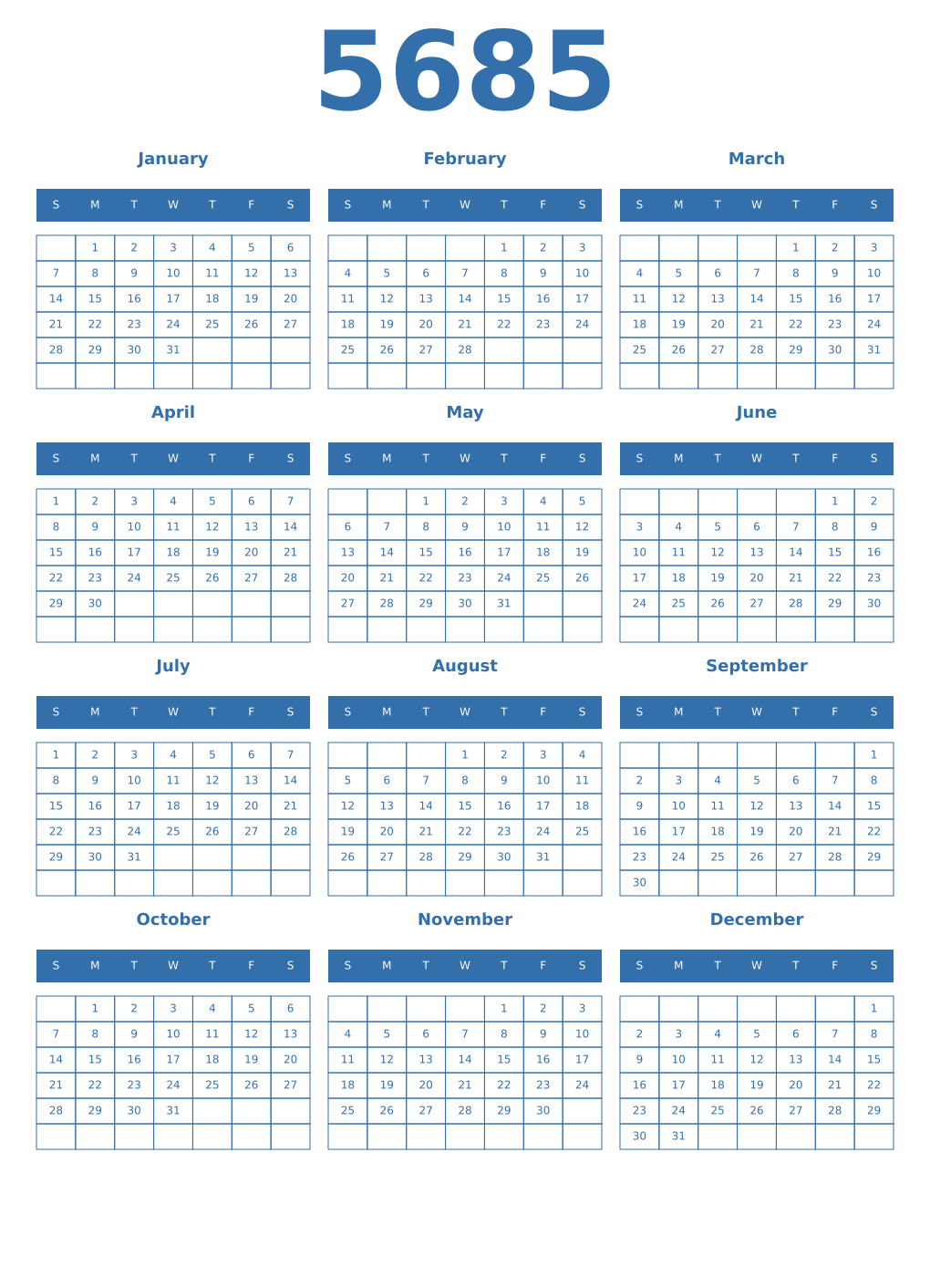 Printable 5685 Year Calendars blue