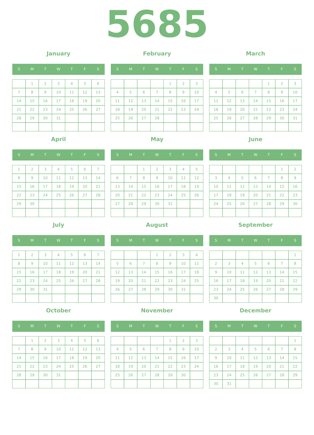 Printable 5685 Year Calendars celadon