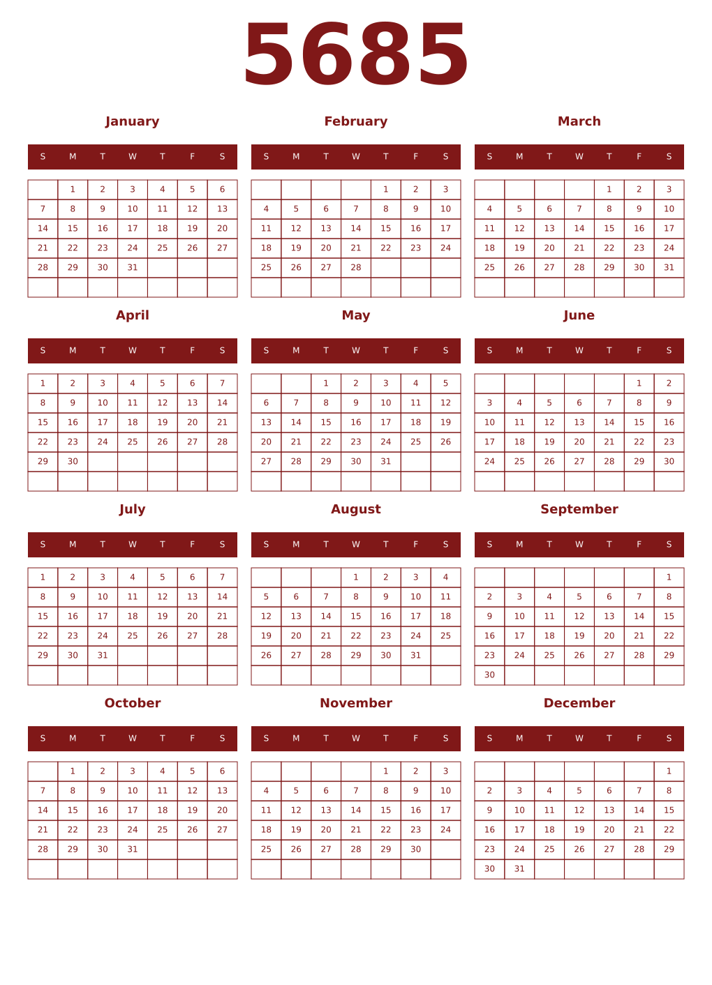Printable 5685 Year Calendars falu