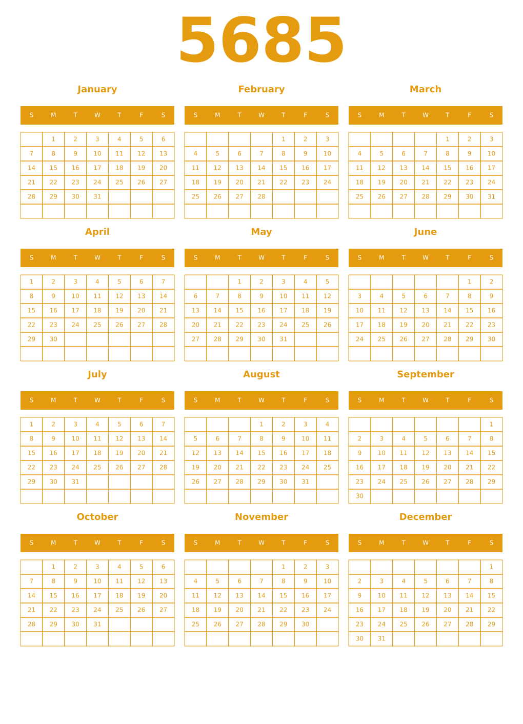Printable 5685 Year Calendars gamboge