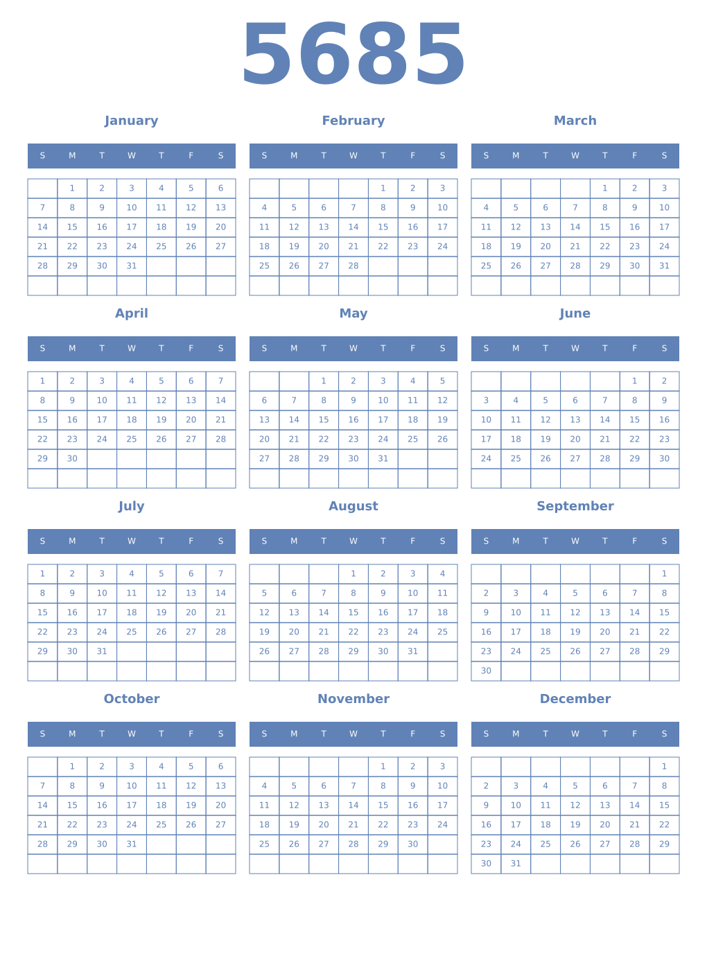 Printable 5685 Year Calendars glaucous