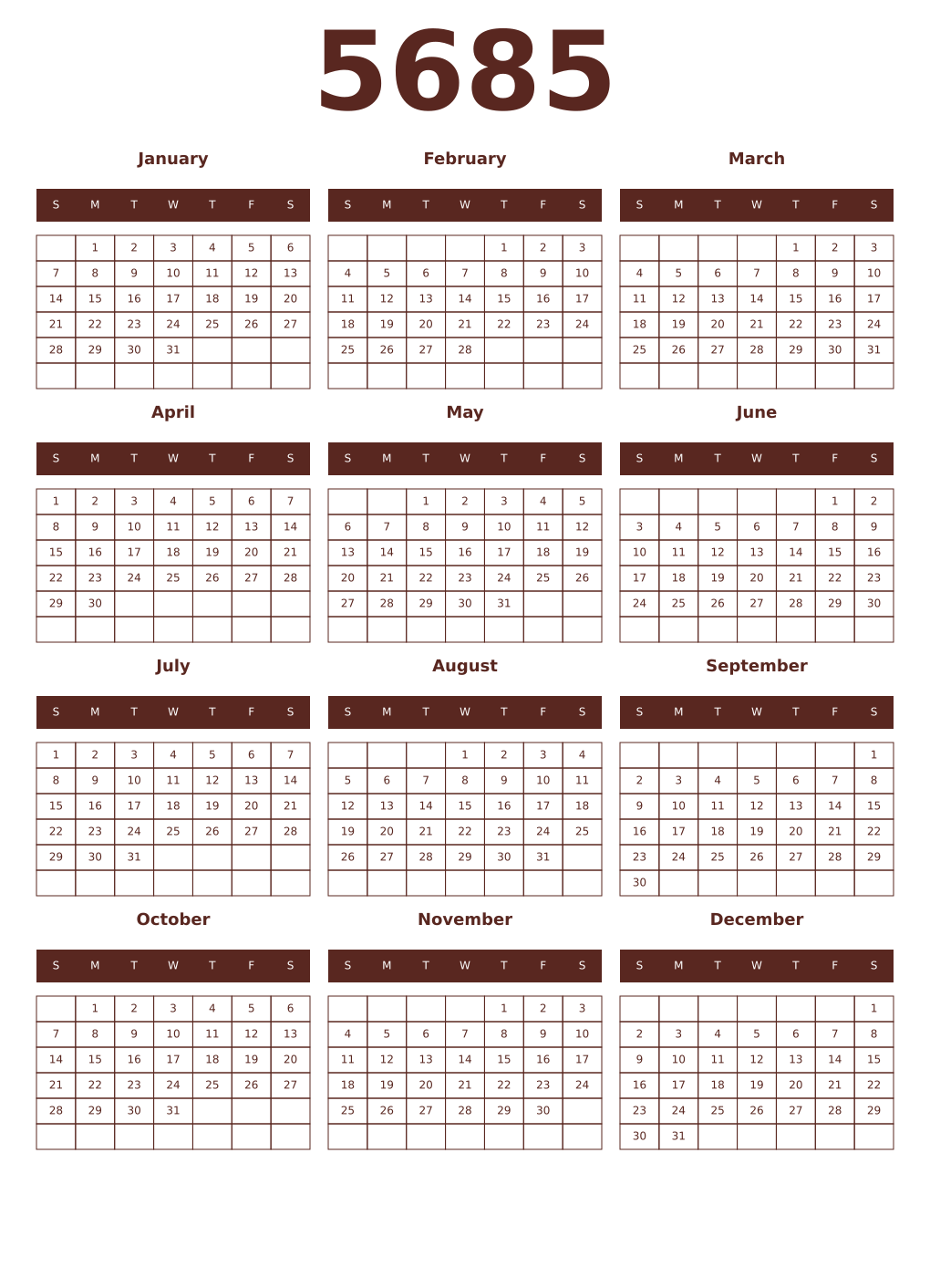Printable 5685 Year Calendars mortuum