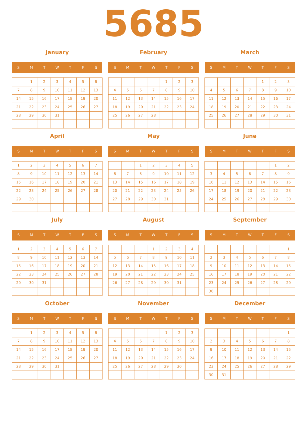 Printable 5685 Year Calendars orange