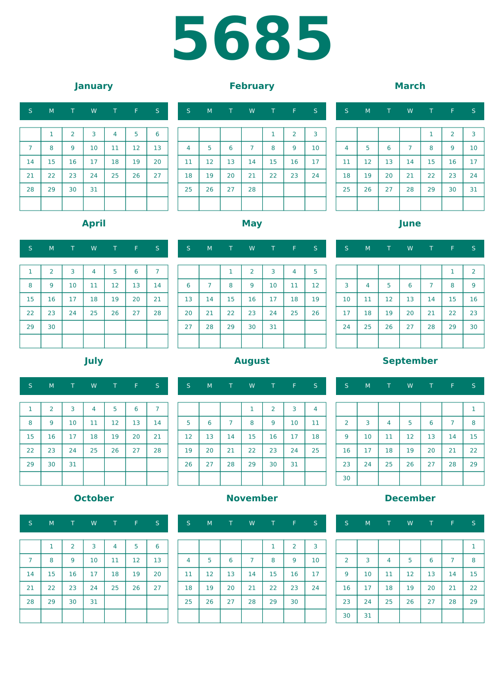 Printable 5685 Year Calendars pastel