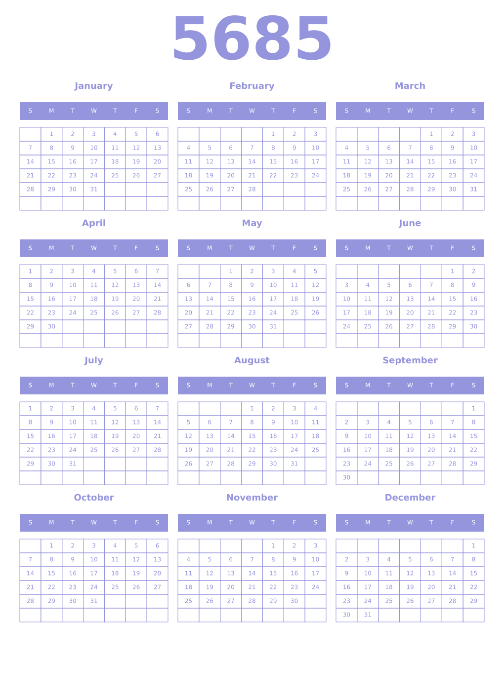 Printable 5685 Year Calendars periwinkle