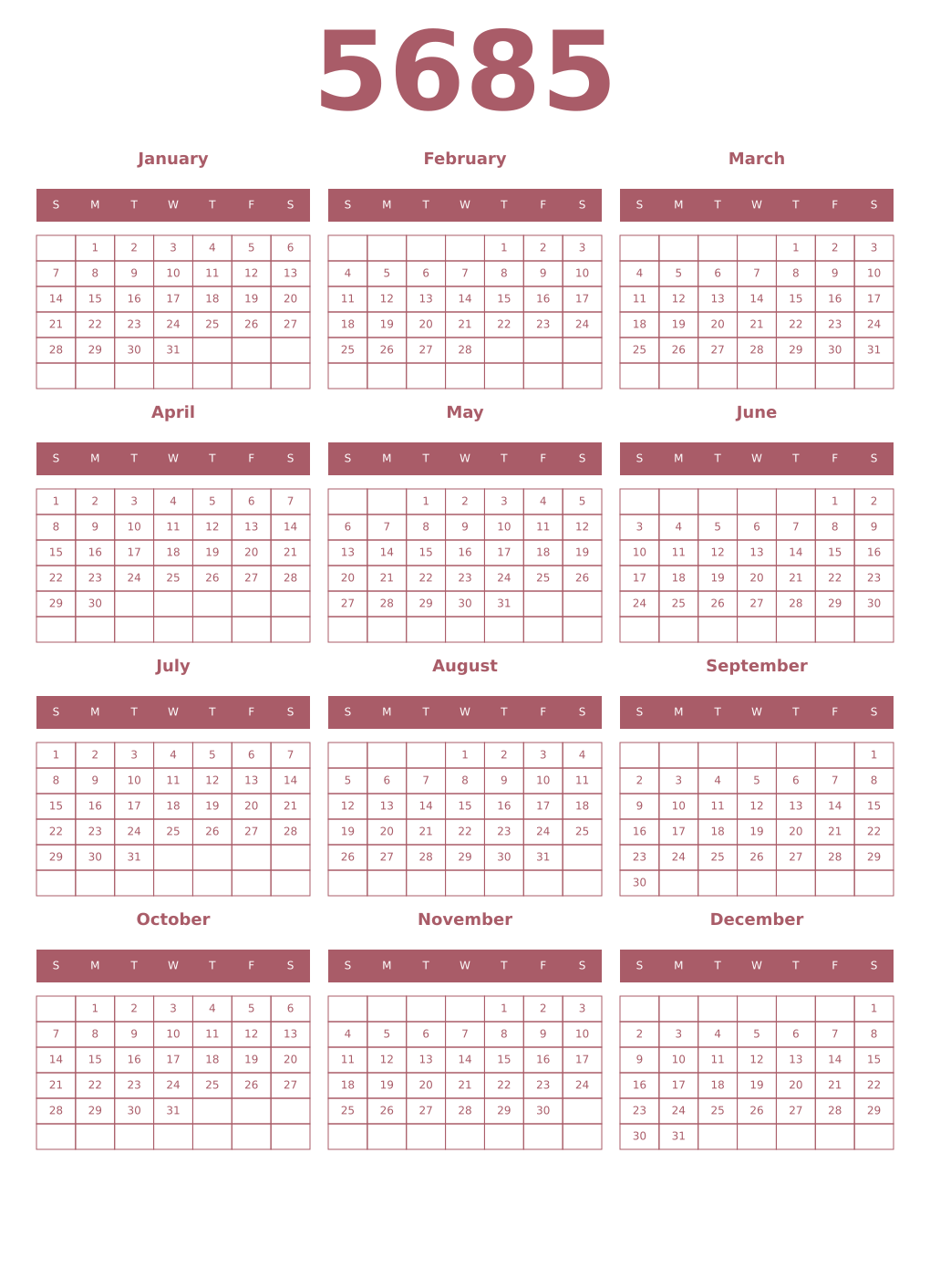 Printable 5685 Year Calendars puce