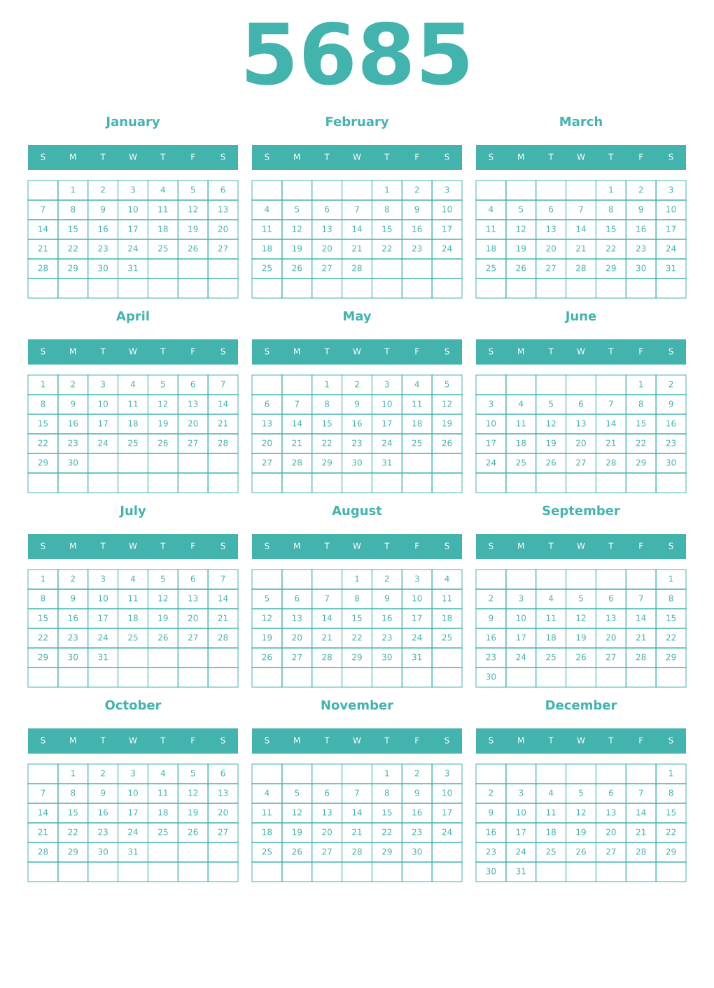 Printable 5685 Year Calendars verdigris