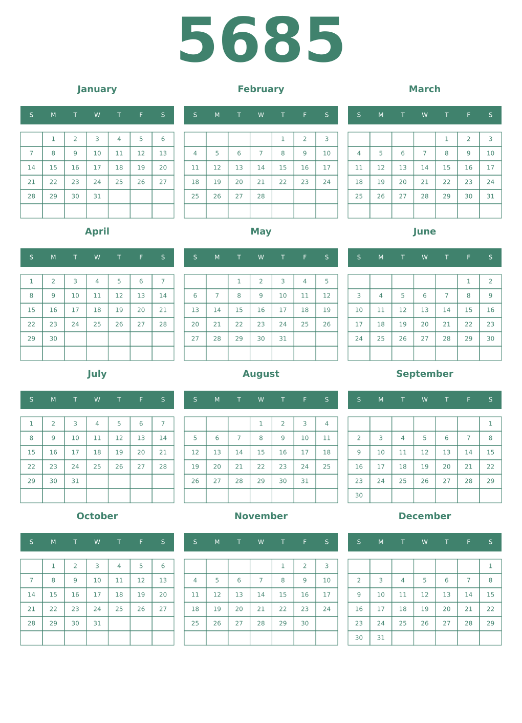 Printable 5685 Year Calendars viridian