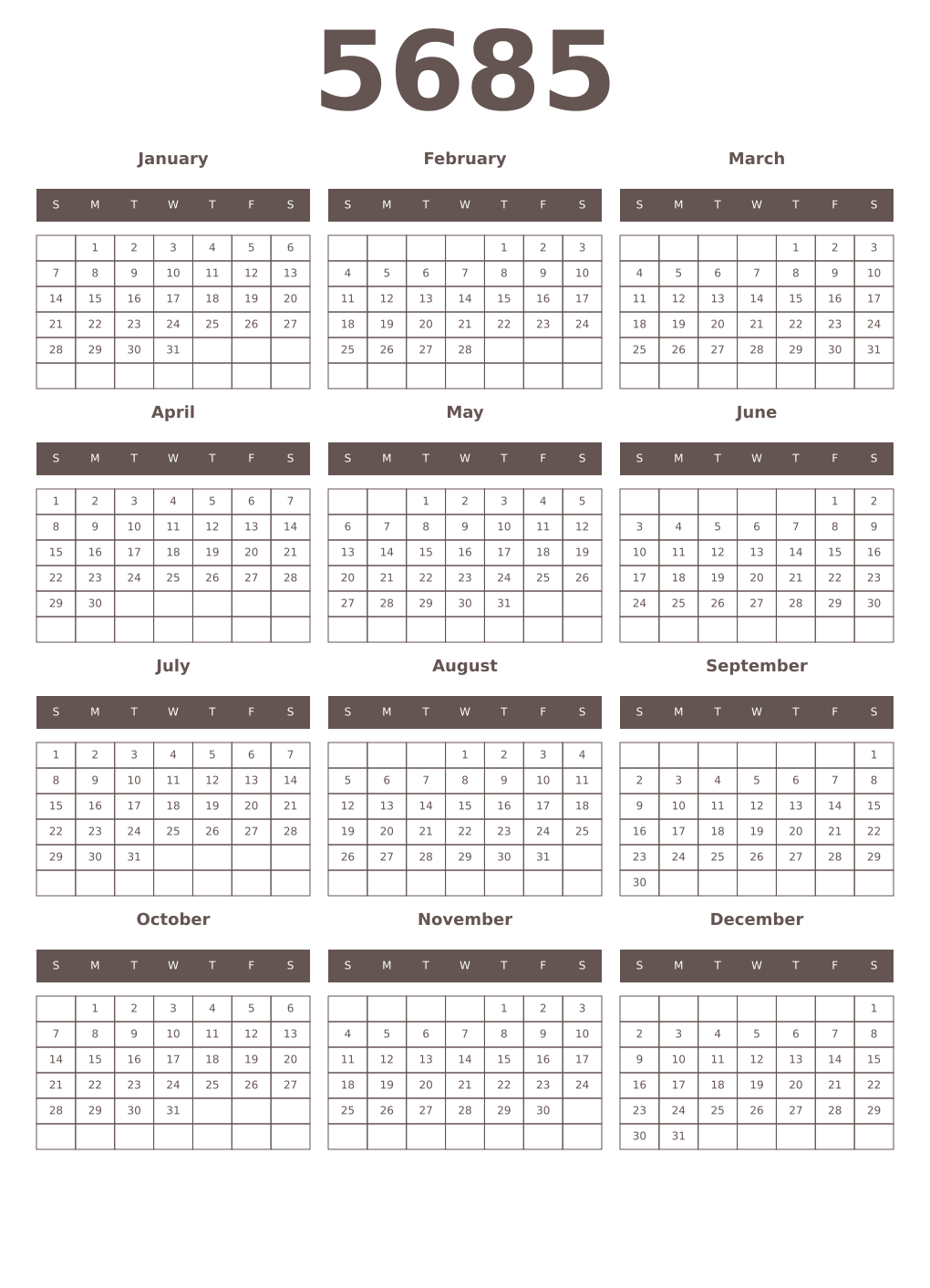Printable 5685 Year Calendars wenge