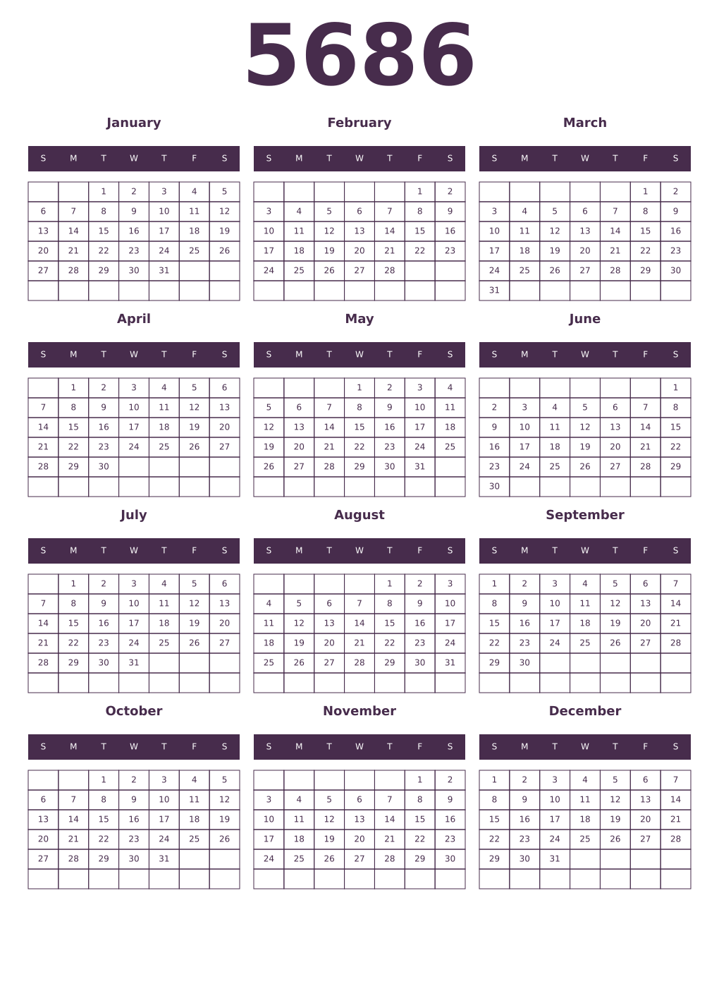 Printable 5686 Year Calendars aubergine