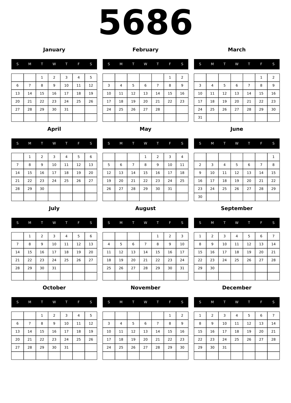 Printable 5686 Year Calendars black
