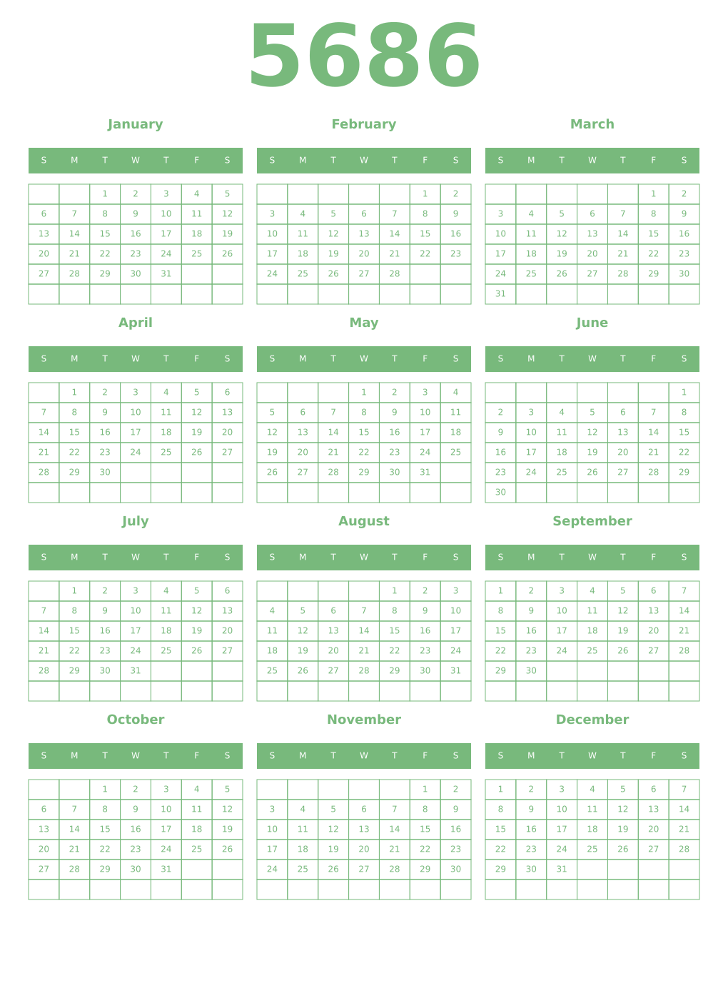 Printable 5686 Year Calendars celadon