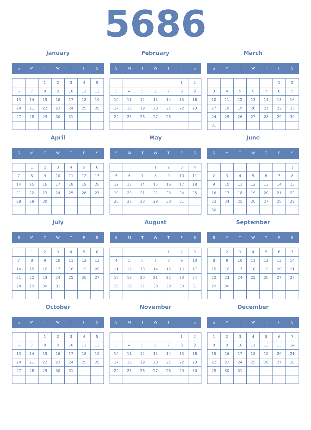 Printable 5686 Year Calendars glaucous