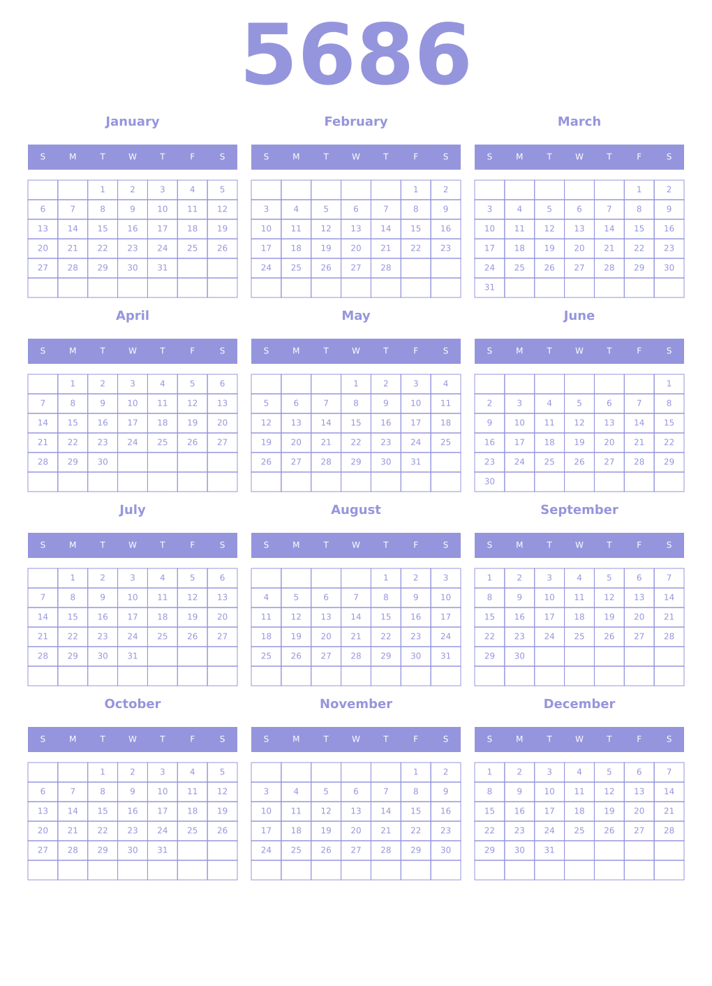 Printable 5686 Year Calendars periwinkle