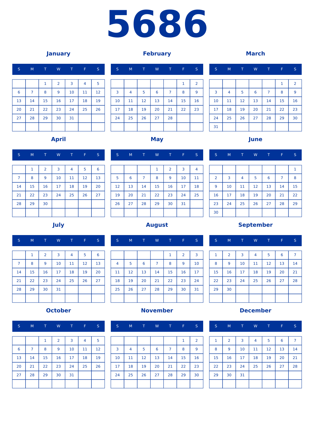 Printable 5686 Year Calendars smalt
