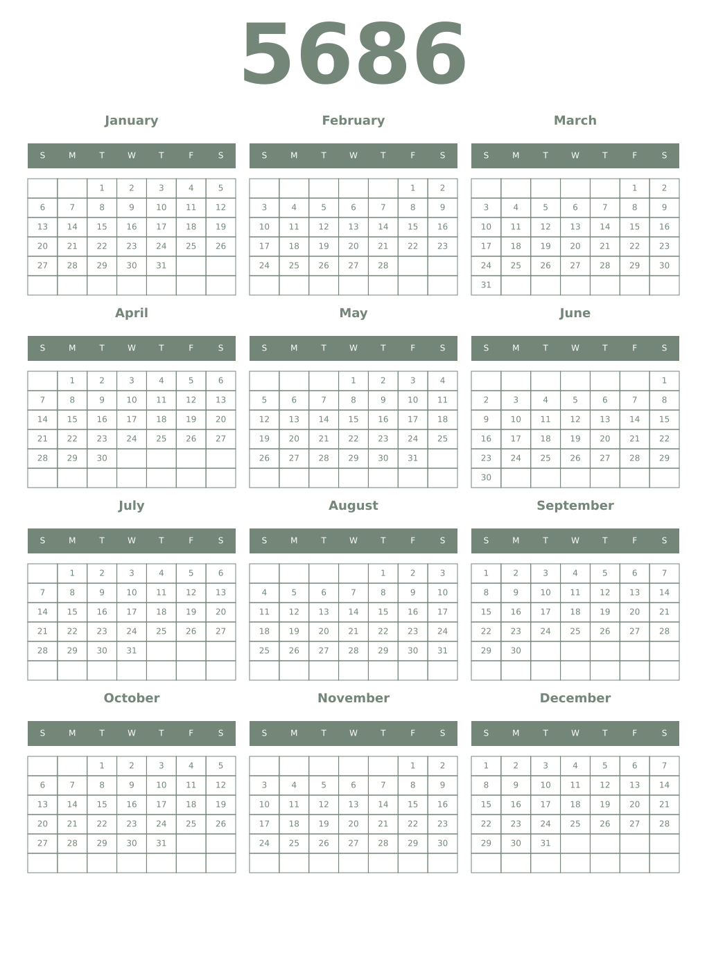 Printable 5686 Year Calendars xanadu