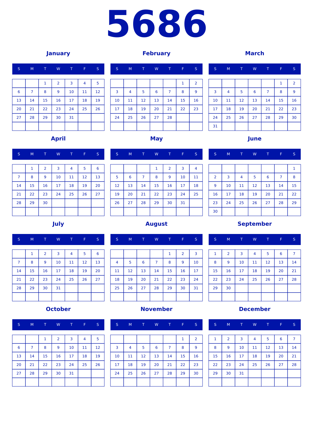 Printable 5686 Year Calendars zaffre