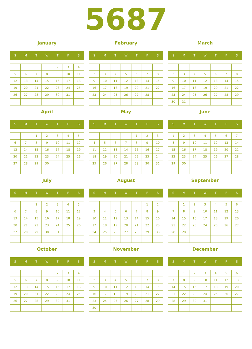 Printable 5687 Year Calendars chartreuse