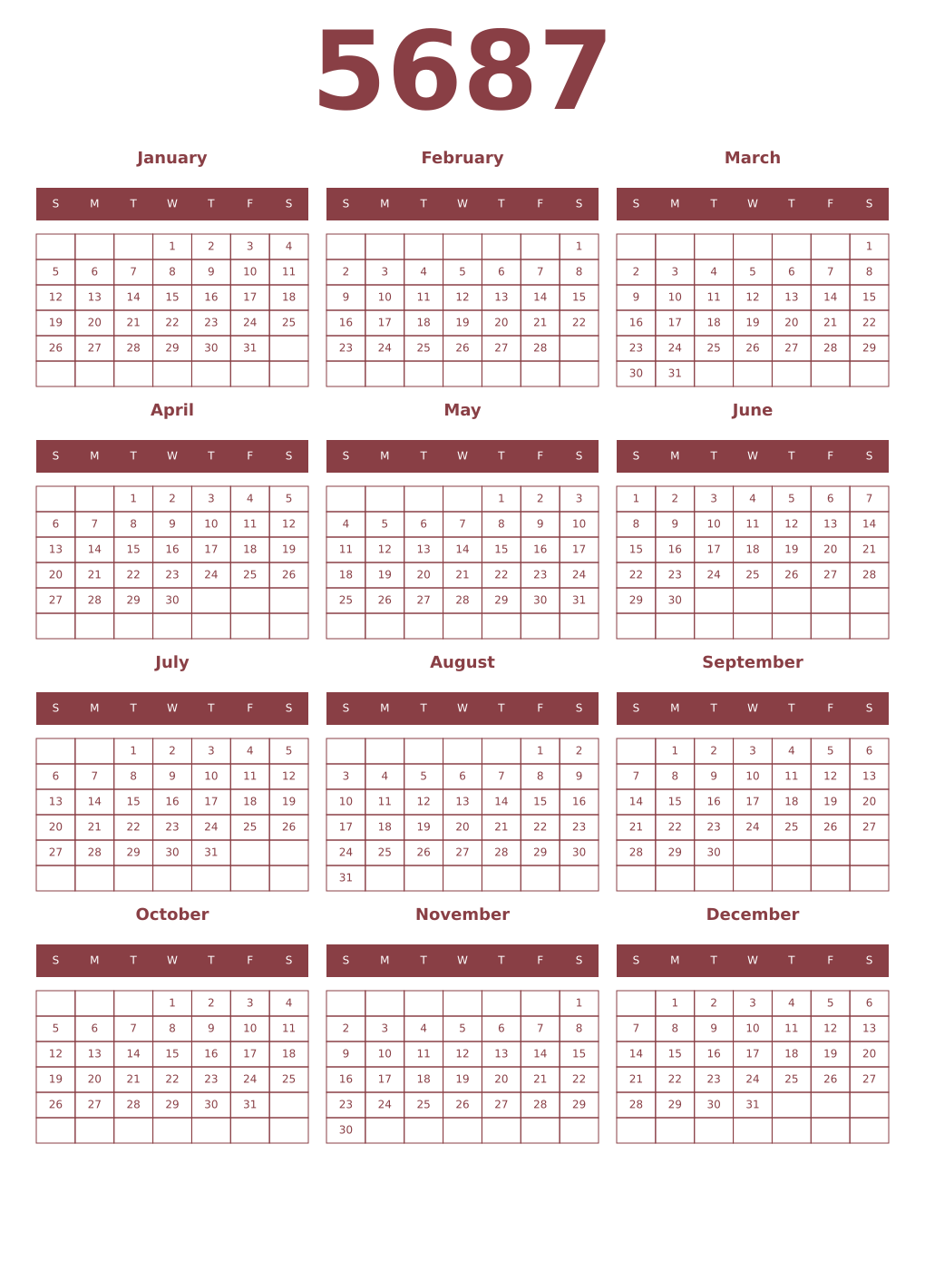 Printable 5687 Year Calendars cordovan