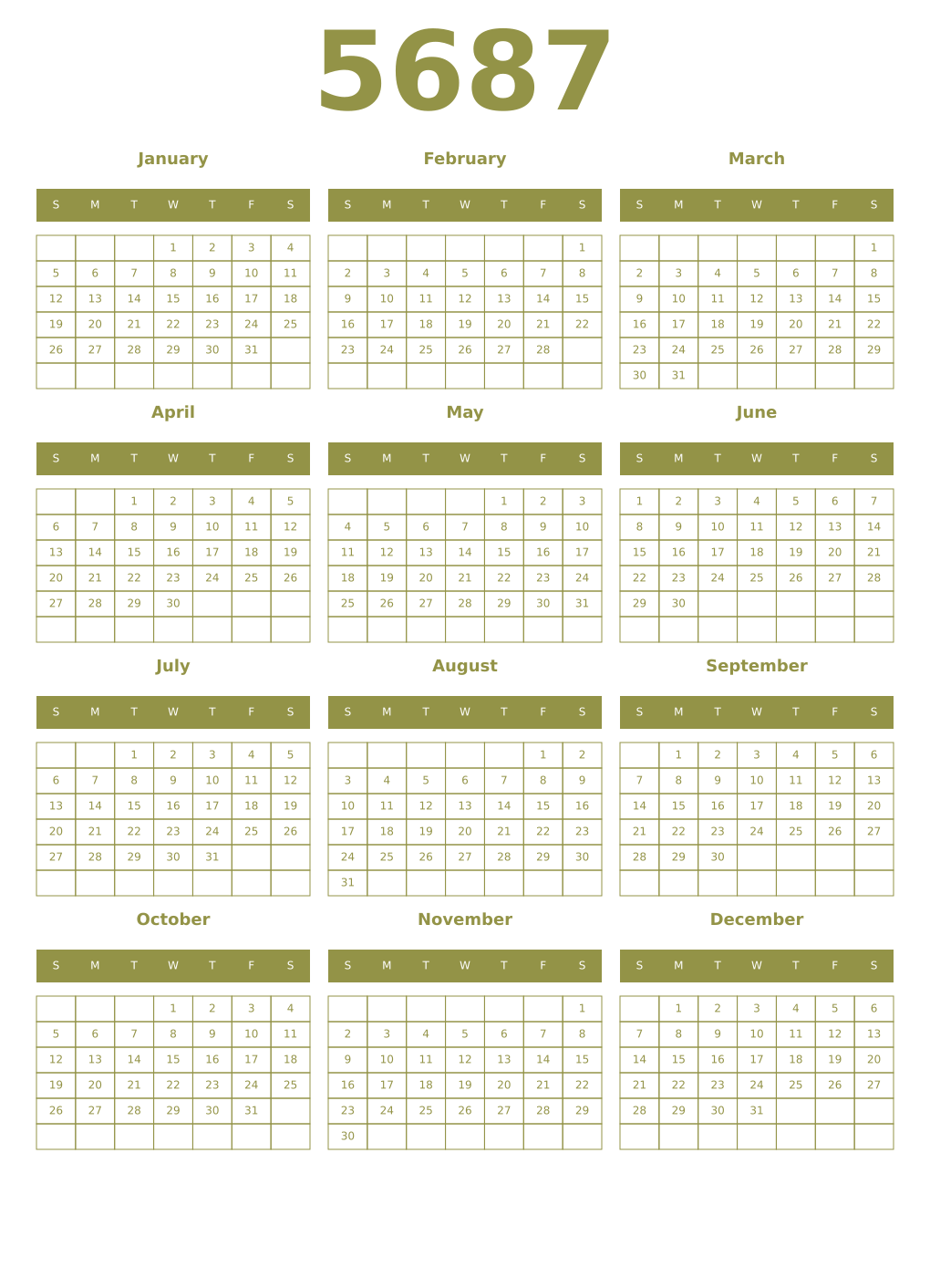 Printable 5687 Year Calendars eburnean
