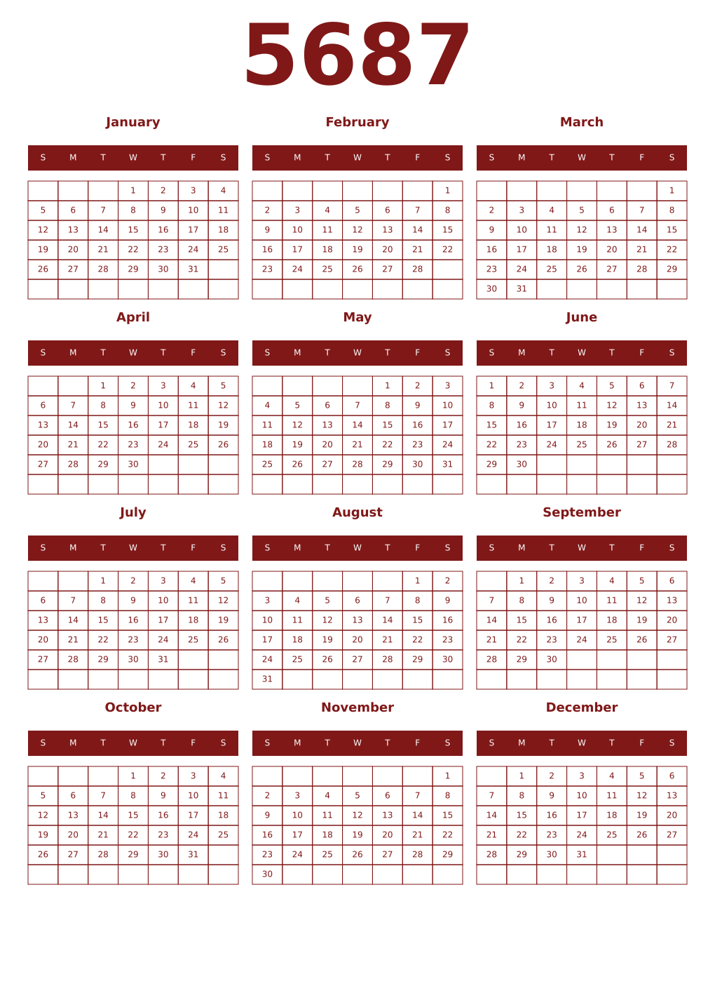 Printable 5687 Year Calendars falu