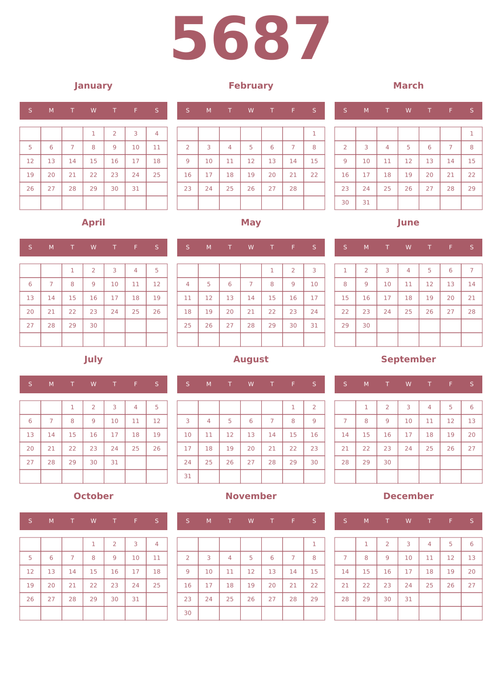 Printable 5687 Year Calendars puce