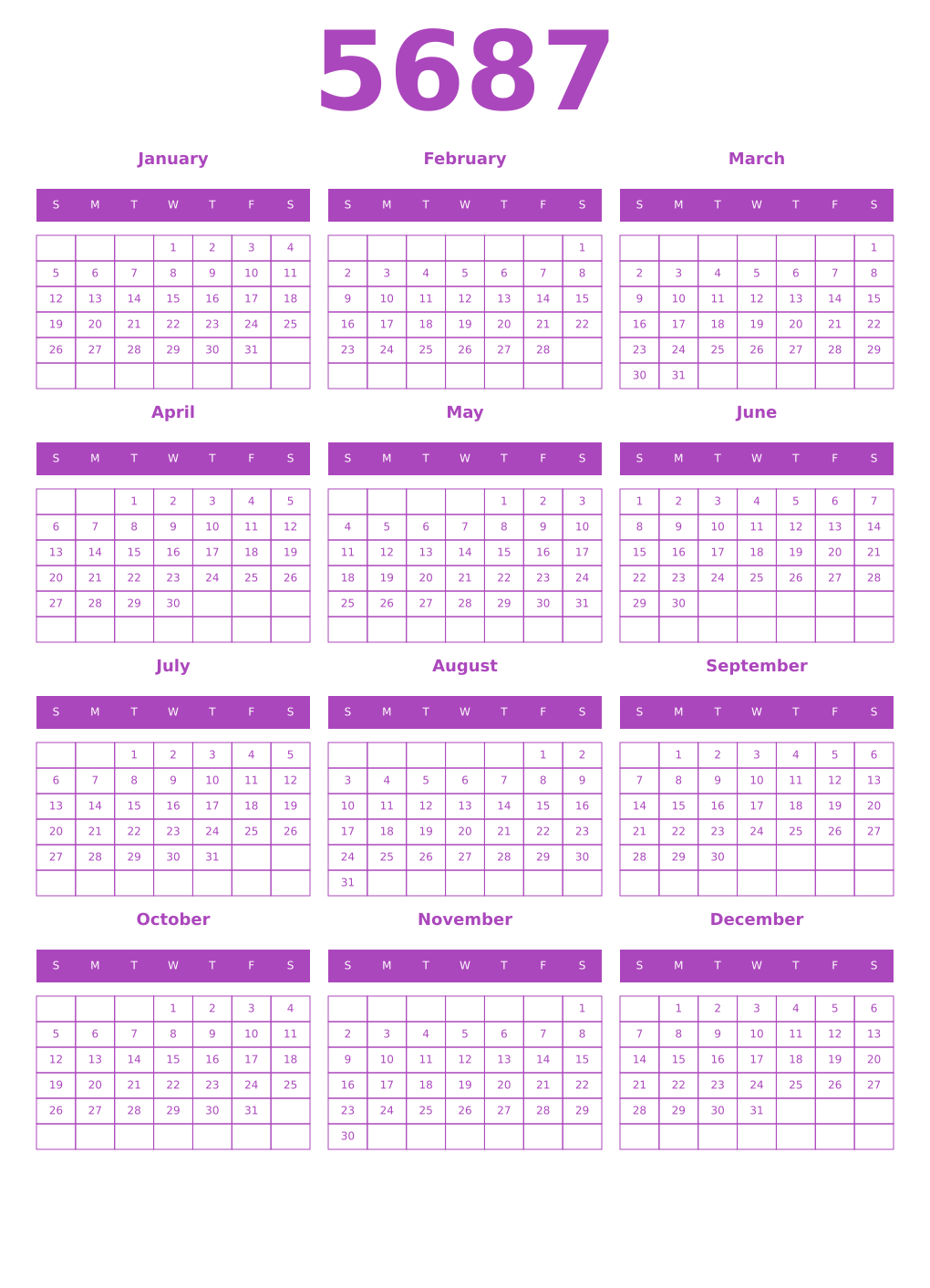 Printable 5687 Year Calendars purple