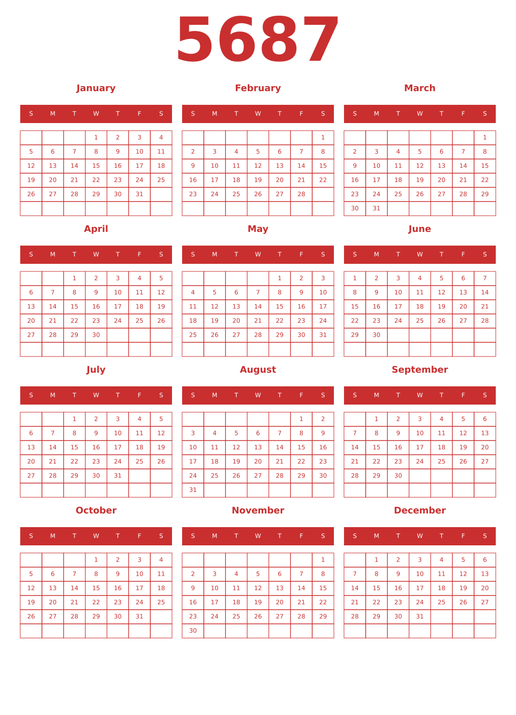 Printable 5687 Year Calendars red